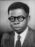 Ako Adjei, Ghanaian barrister and nationalist, one of the Big Six arrested by the British in 1948 following the Gold Coast riots. Adjei studied with Kwame Nkrumah at Lincoln University and later served as Foreign Minister of independent Ghana before being imprisoned by Nkrumah's government on treason charges in 1962.