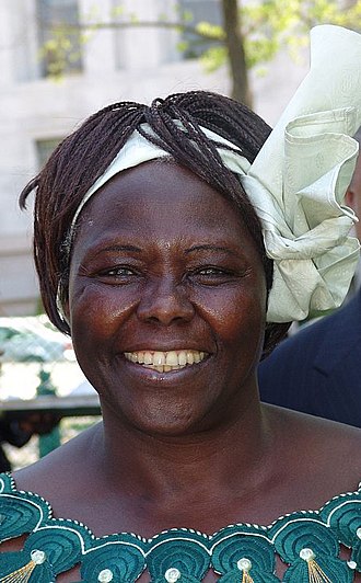 Wangari Maathai, founder of the Green Belt Movement and Nobel Peace Prize laureate, photographed during her environmental and political activism. Maathai founded the Green Belt Movement in 1977, planted over 47 million trees across Kenya, and was beaten and arrested repeatedly by the Moi government for her democracy activism before receiving the Nobel Peace Prize in 2004.