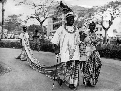 Chief Festus Okotie-Eboh, Nigeria's Federal Minister of Finance throughout the First Republic, photographed during his years in office. Okotie-Eboh was one of the most recognisable figures in Nigerian public life in the 1950s and 1960s — famous for his elaborate traditional dress, his political outspokenness, and his decade-long stewardship of Nigeria's national finances from independence until his assassination in the January 1966 coup.