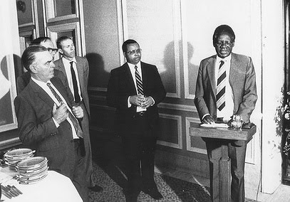 Enoch Dumbutshena, Zimbabwe's first Black Chief Justice, photographed in later life — the jurist who defended judicial independence against Mugabe's government and later entered opposition politics to continue the same fight by other means.